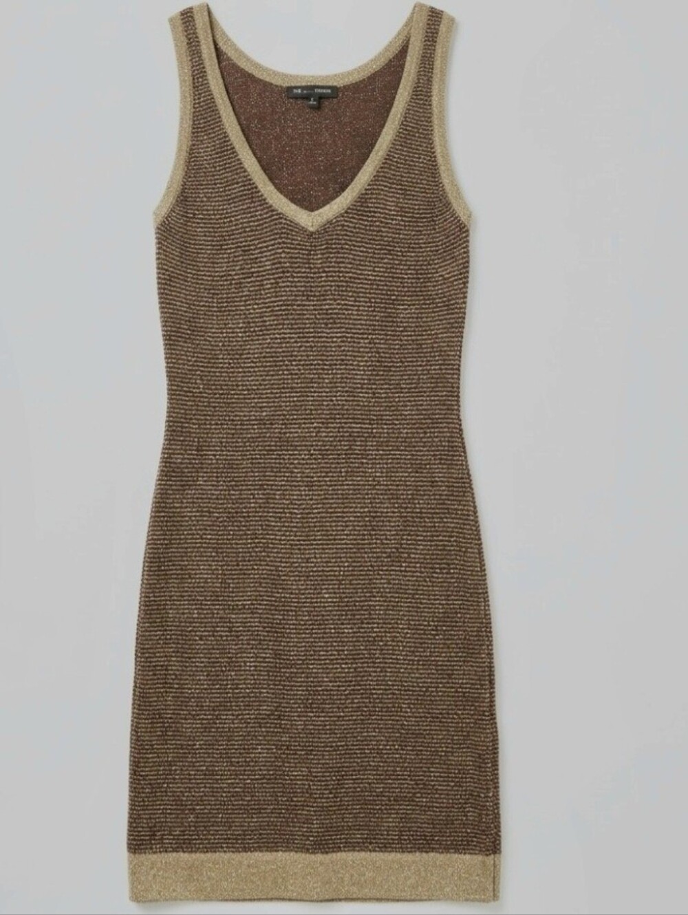 The Limited Metallic Gold Browm Ribbed Knit V-Neck Dress XS, 33" long